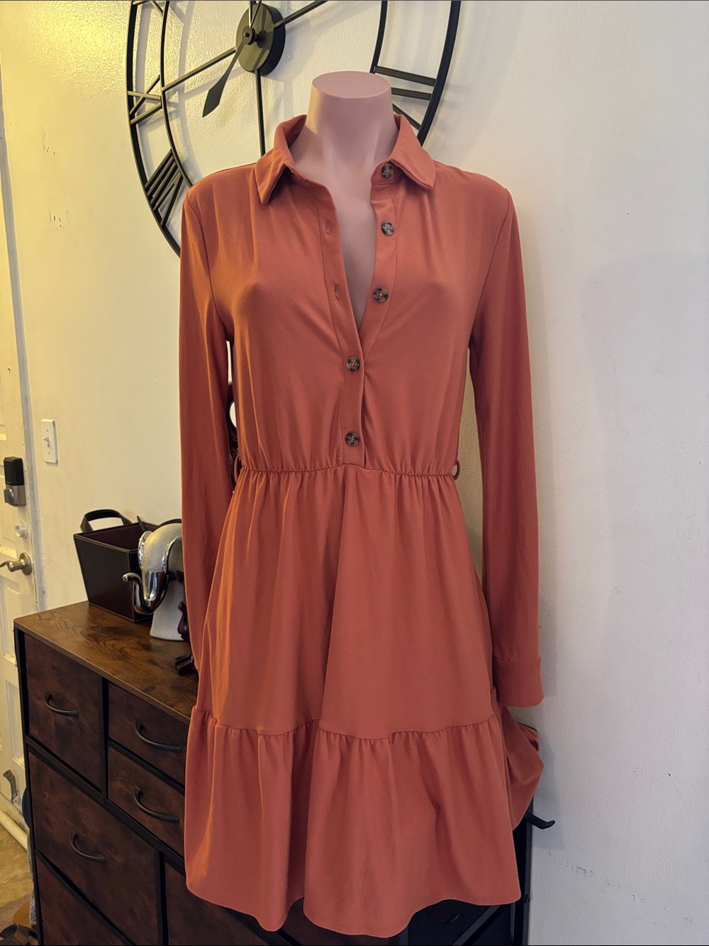 #235 Derek Heart Long-Sleeve Tiered Button-Front Dress in Rust